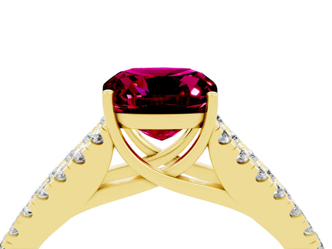 Yellow gold Cushion Cut Garnet Split Shank Pavé Engagement Ring with Four-Prong Setting_16
