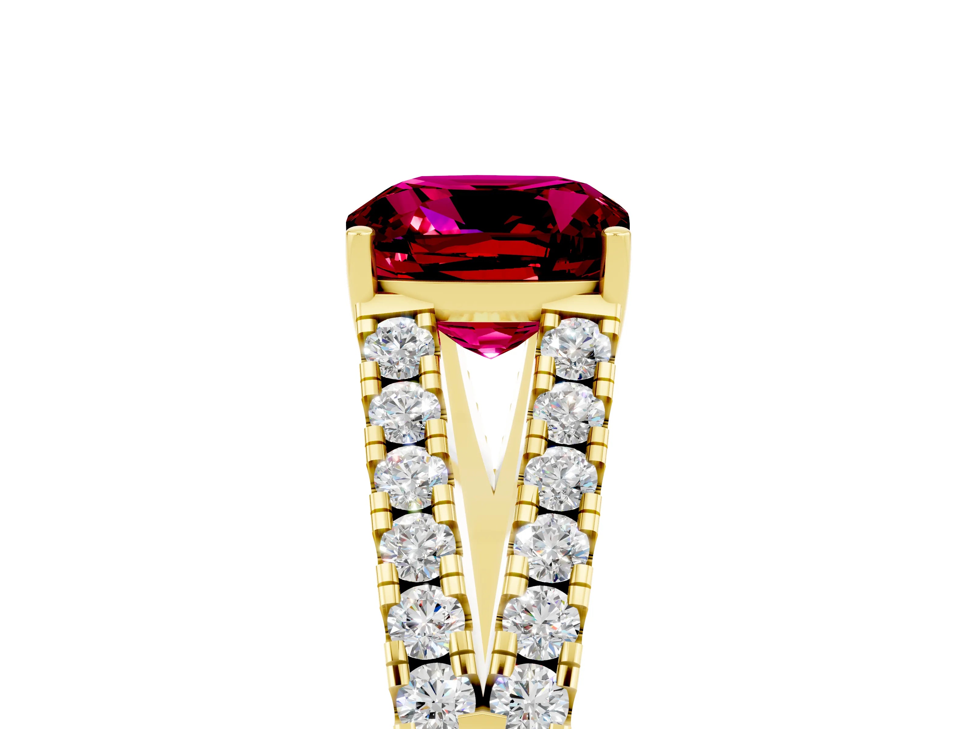 Yellow gold Cushion Cut Garnet Split Shank Pavé Engagement Ring with Four-Prong Setting_17