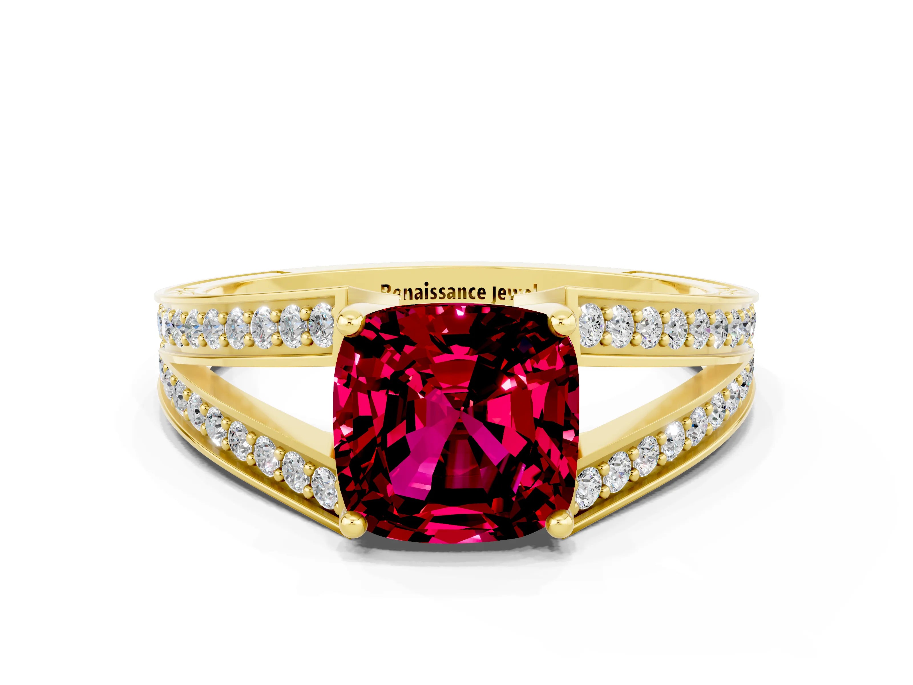 Yellow gold Cushion Cut Garnet Split Shank Ring with Pavé Band and Four-Prong Setting