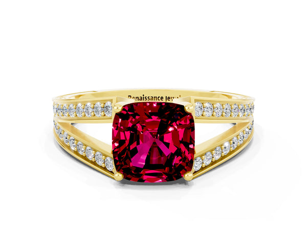 Yellow gold Cushion Cut Garnet Split Shank Ring with Pavé Band and Four-Prong Setting
