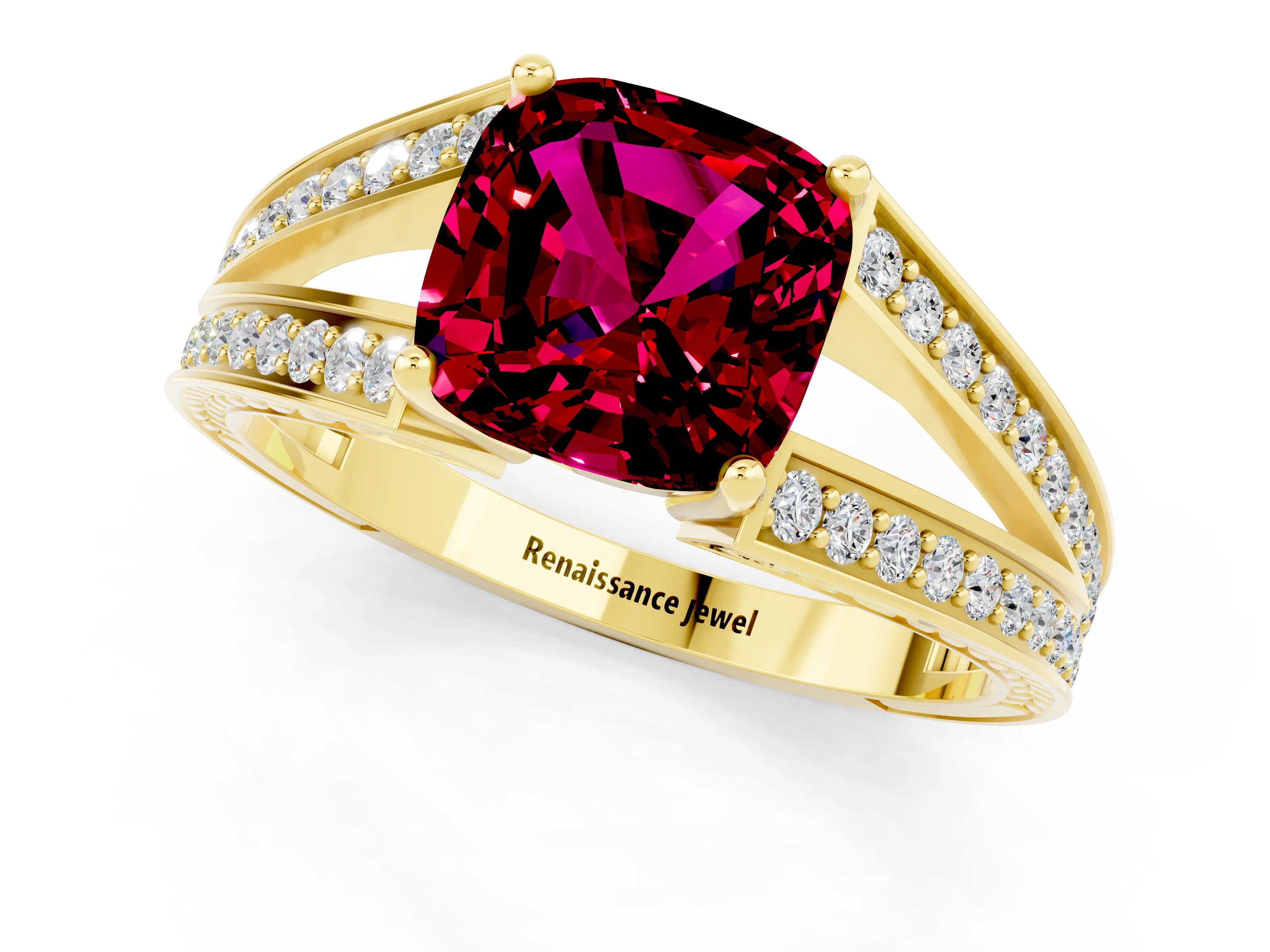 Yellow gold Cushion Cut Garnet Split Shank Ring with Pavé Band and Four-Prong Setting_1
