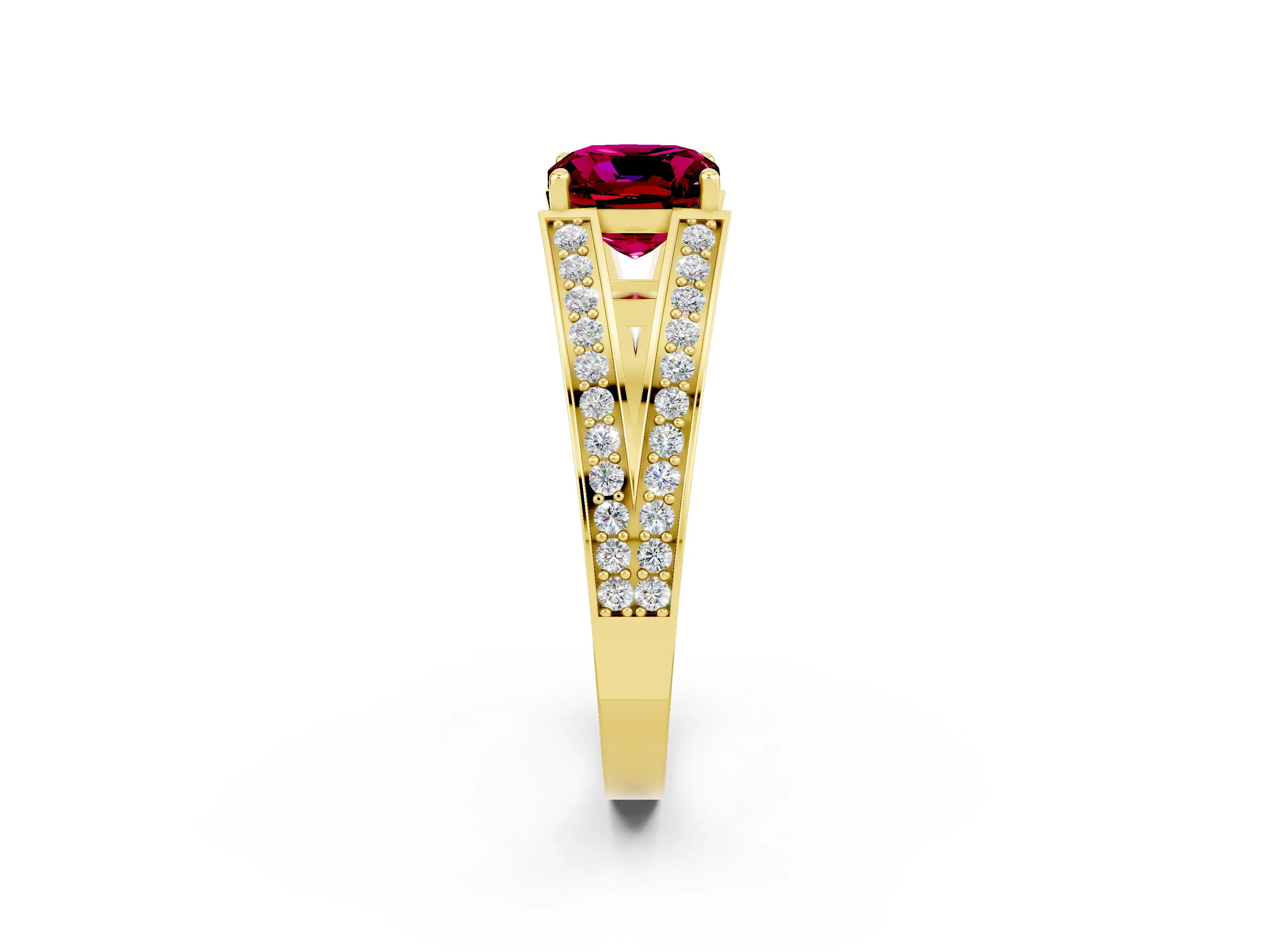 Yellow gold Cushion Cut Garnet Split Shank Ring with Pavé Band and Four-Prong Setting_2