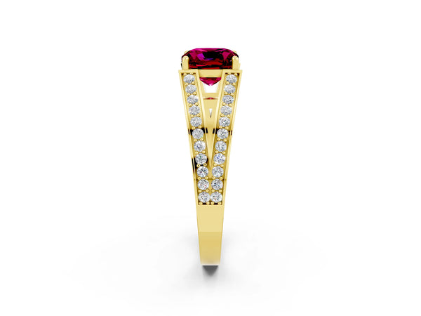 Yellow gold Cushion Cut Garnet Split Shank Ring with Pavé Band and Four-Prong Setting