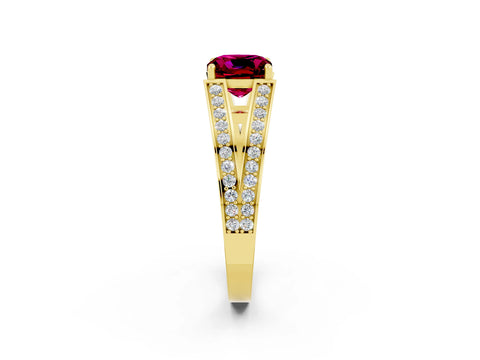 Yellow gold Cushion Cut Garnet Split Shank Ring with Pavé Band and Four-Prong Setting_2