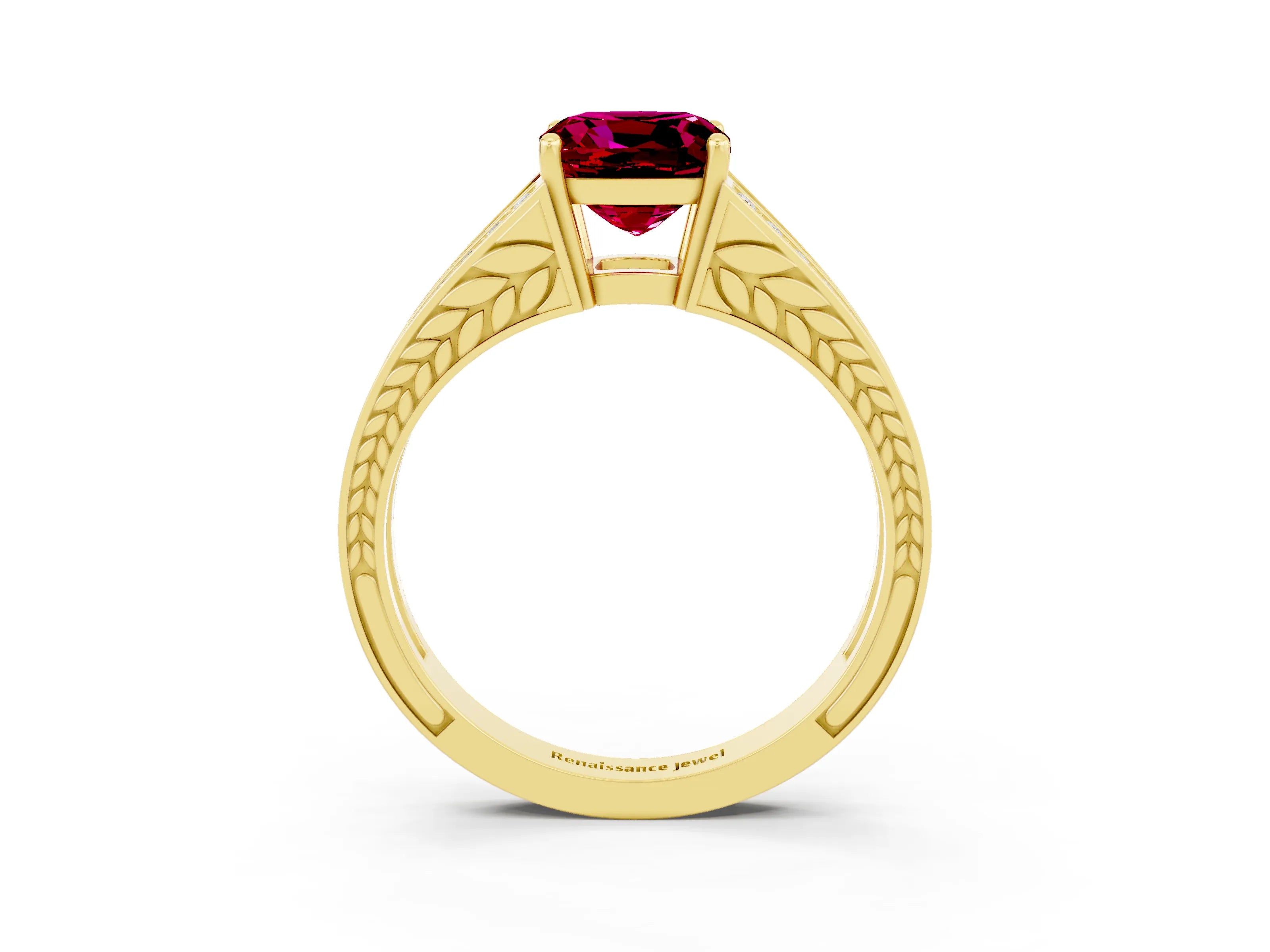 Yellow gold Cushion Cut Garnet Split Shank Ring with Pavé Band and Four-Prong Setting_3