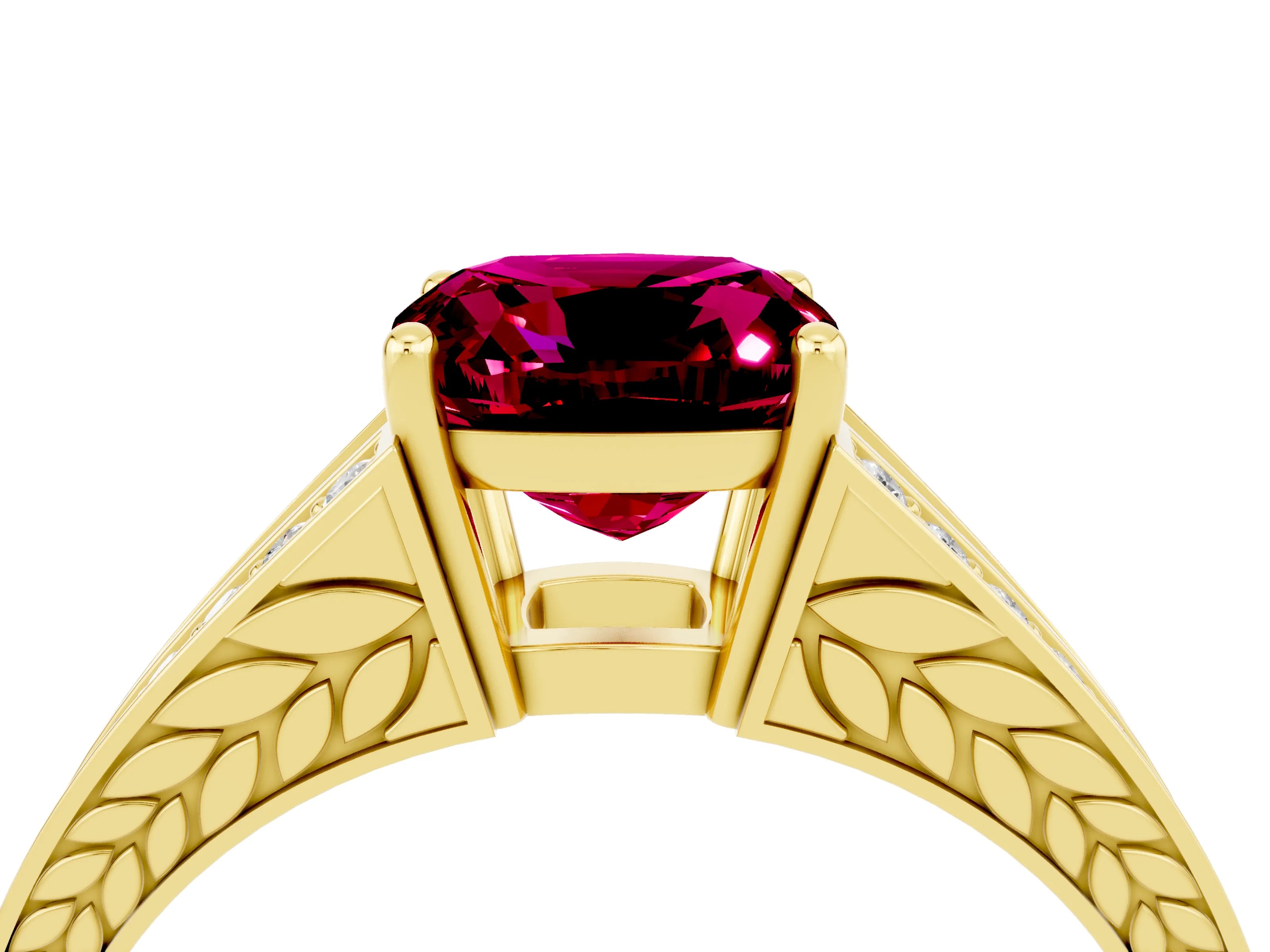Yellow gold Cushion Cut Garnet Split Shank Ring with Pavé Band and Four-Prong Setting_4