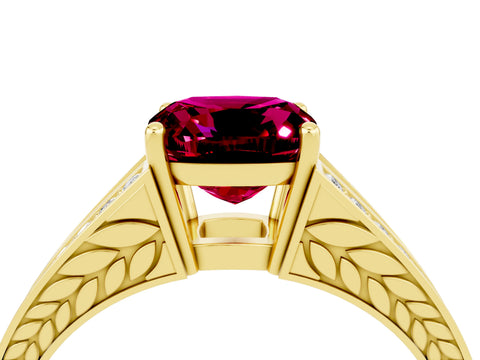 Yellow gold Cushion Cut Garnet Split Shank Ring with Pavé Band and Four-Prong Setting_4