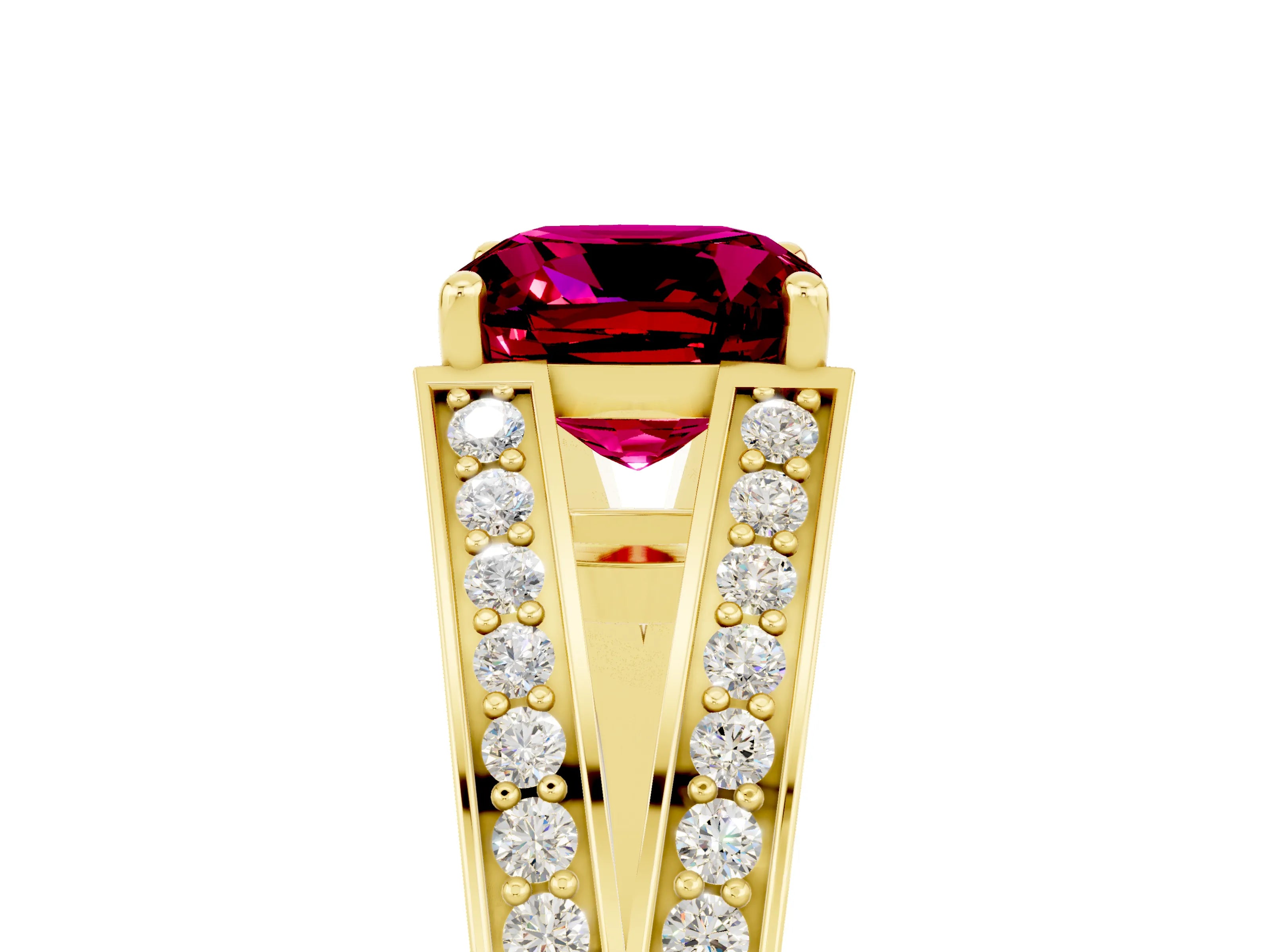 Yellow gold Cushion Cut Garnet Split Shank Ring with Pavé Band and Four-Prong Setting_5