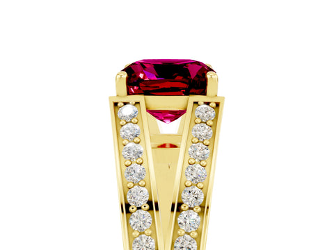 Yellow gold Cushion Cut Garnet Split Shank Ring with Pavé Band and Four-Prong Setting_5