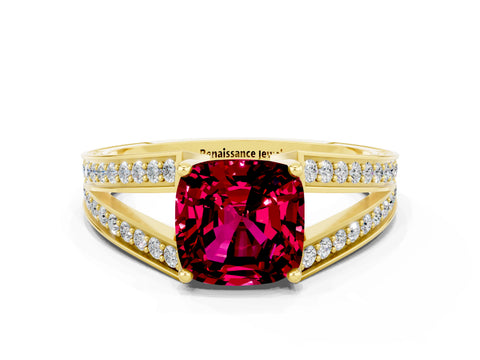Yellow gold Cushion Cut Garnet Split Shank Ring with Pavé Band and Four-Prong Setting