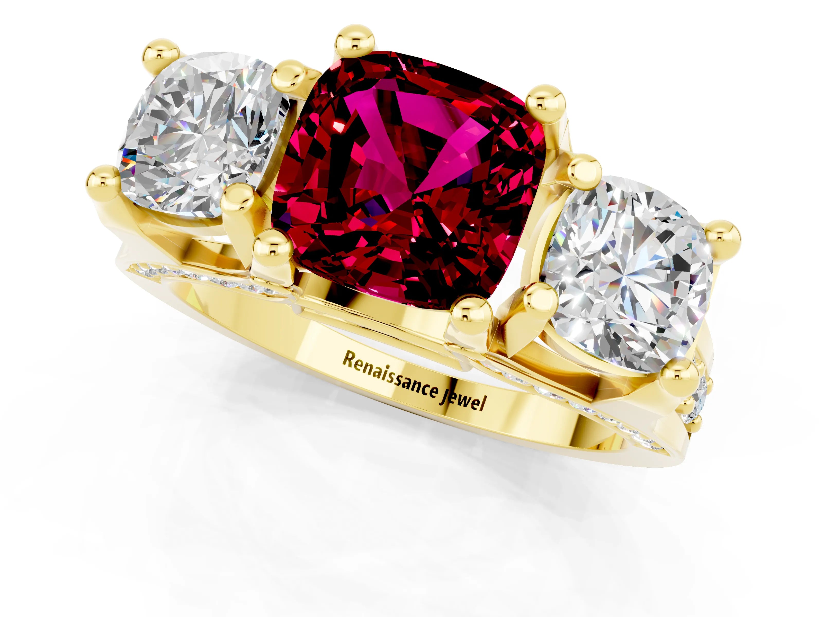 Yellow gold Cushion Cut Garnet Three-Stone Ring with Channel Set Band and Four-Prong Setting_1