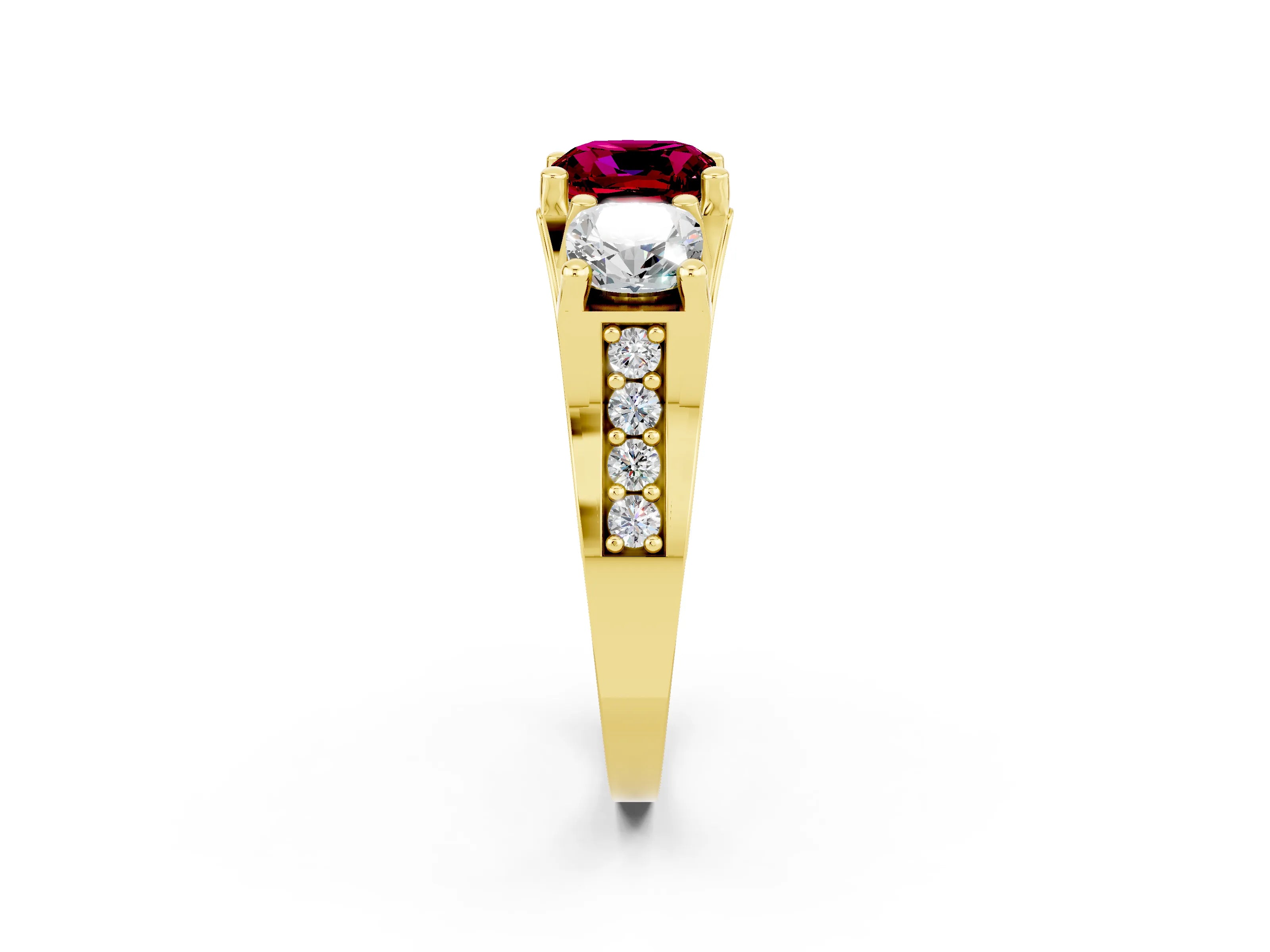 Yellow gold Cushion Cut Garnet Three-Stone Ring with Channel Set Band and Four-Prong Setting_2