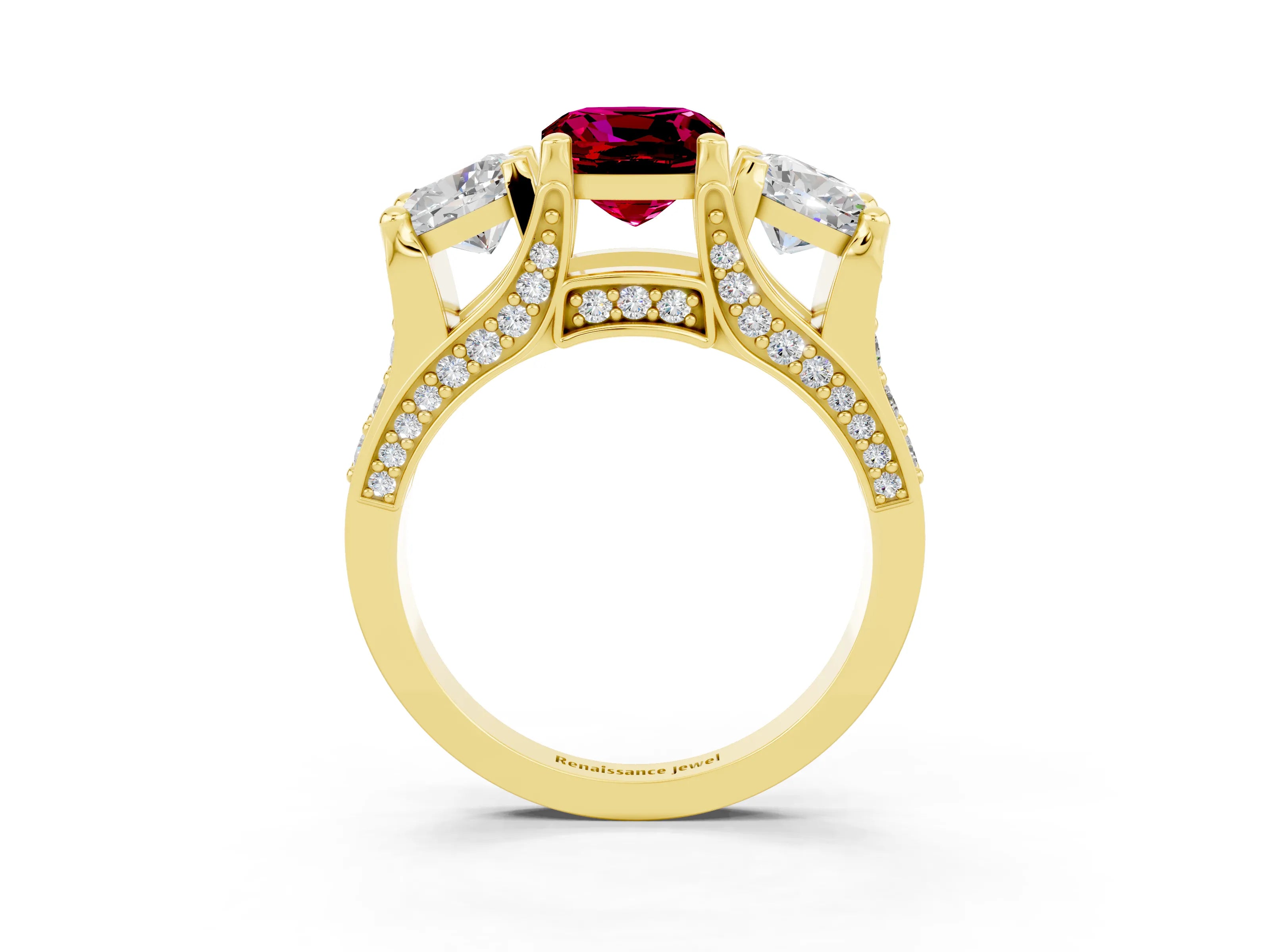 Yellow gold Cushion Cut Garnet Three-Stone Ring with Channel Set Band and Four-Prong Setting_3