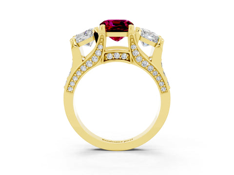 Yellow gold Cushion Cut Garnet Three-Stone Ring with Channel Set Band and Four-Prong Setting_3