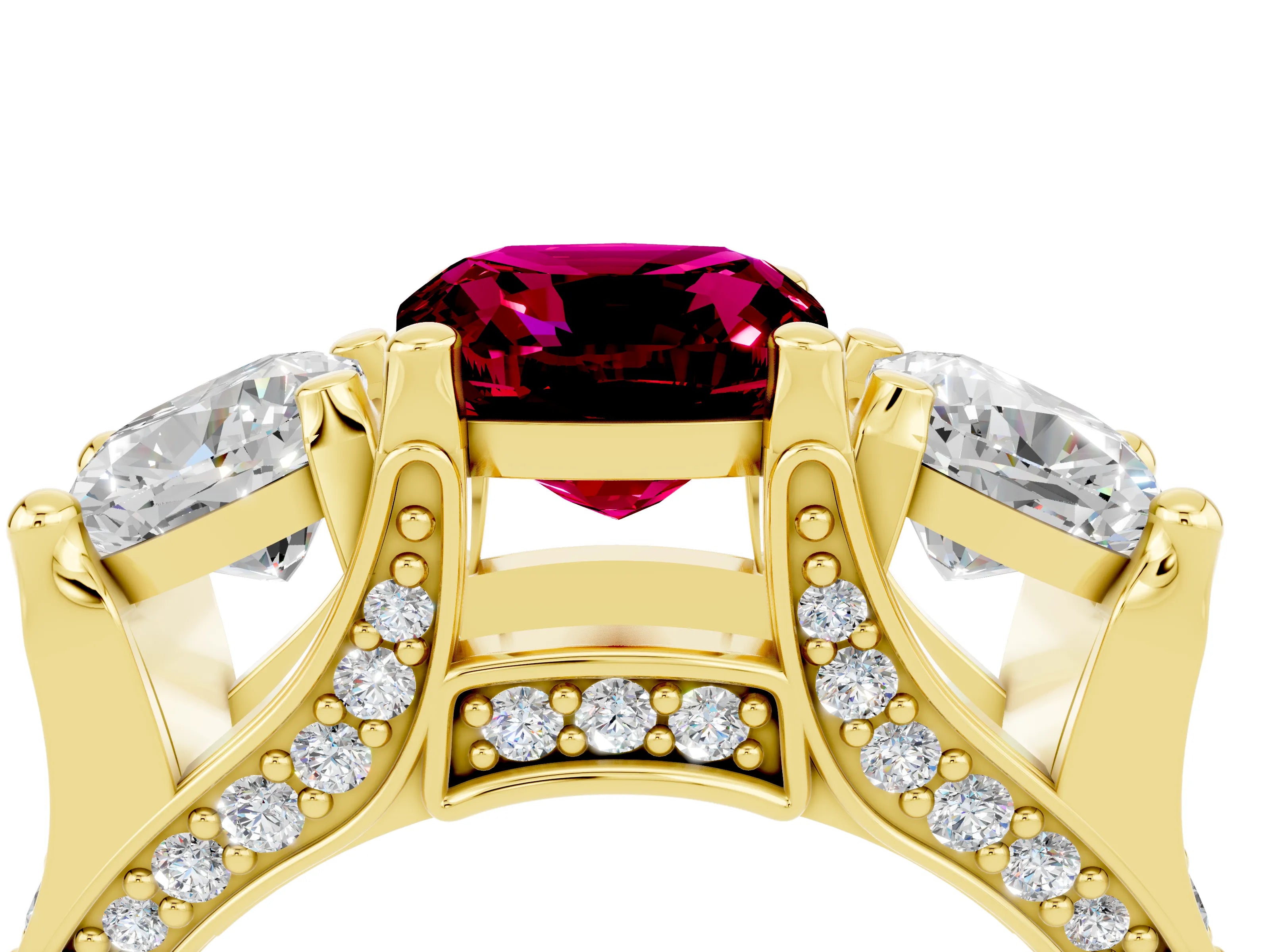 Yellow gold Cushion Cut Garnet Three-Stone Ring with Channel Set Band and Four-Prong Setting_4