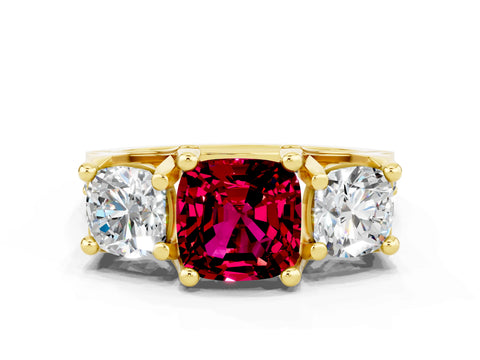Yellow gold Cushion Cut Garnet Three-Stone Ring with Channel Set Band and Four-Prong Setting