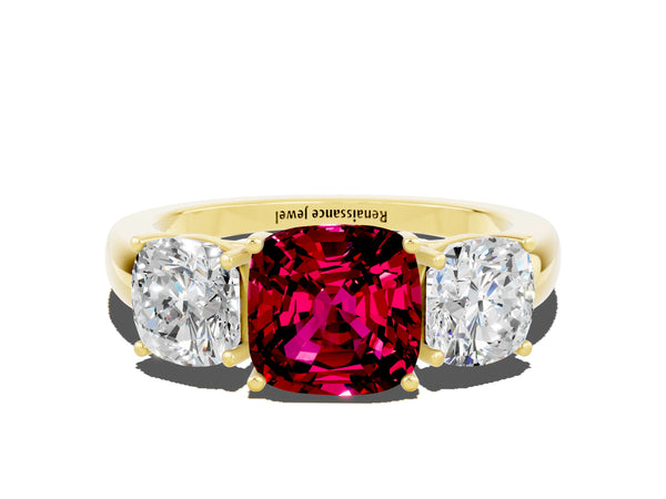 Yellow gold Cushion Cut Garnet Three-Stone Ring with Four-Prong Setting and Classic Band
