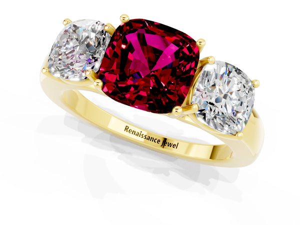 Yellow gold Cushion Cut Garnet Three-Stone Ring with Four-Prong Setting and Classic Band
