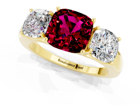 Yellow gold Cushion Cut Garnet Three-Stone Ring with Four-Prong Setting and Classic Band_1