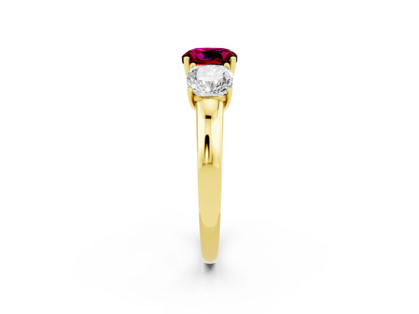 Yellow gold Cushion Cut Garnet Three-Stone Ring with Four-Prong Setting and Classic Band