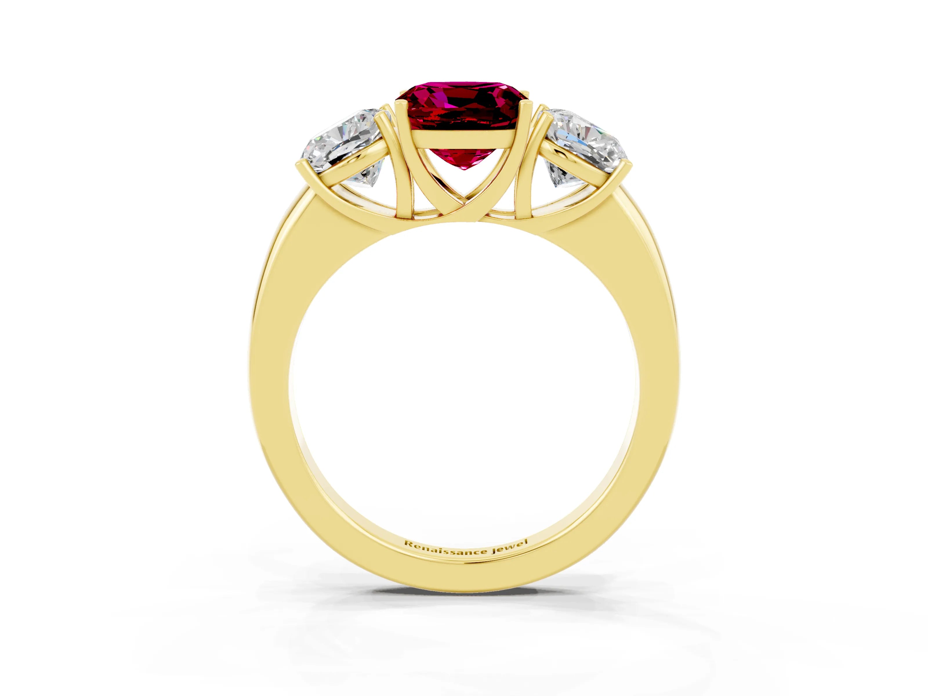 Yellow gold Cushion Cut Garnet Three-Stone Ring with Four-Prong Setting and Classic Band_3