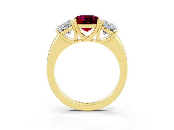 Yellow gold Cushion Cut Garnet Three-Stone Ring with Four-Prong Setting and Classic Band