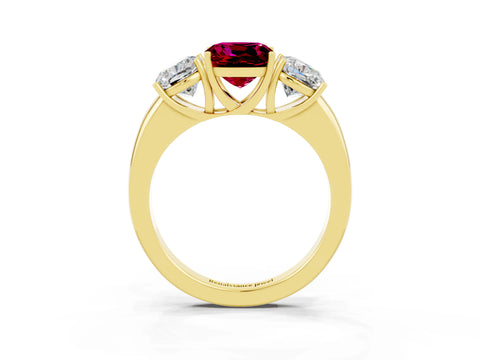 Yellow gold Cushion Cut Garnet Three-Stone Ring with Four-Prong Setting and Classic Band_3