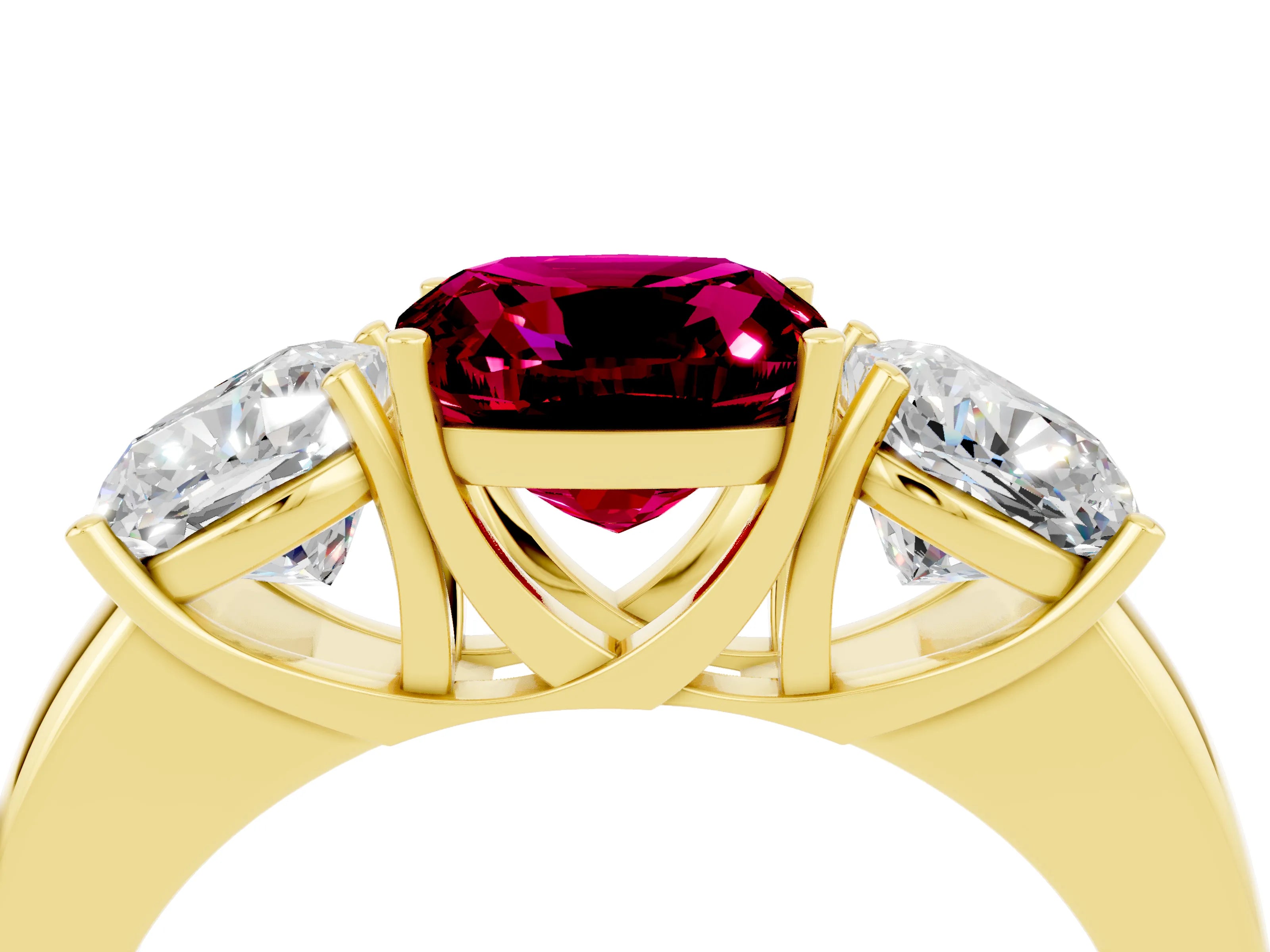 Yellow gold Cushion Cut Garnet Three-Stone Ring with Four-Prong Setting and Classic Band_4