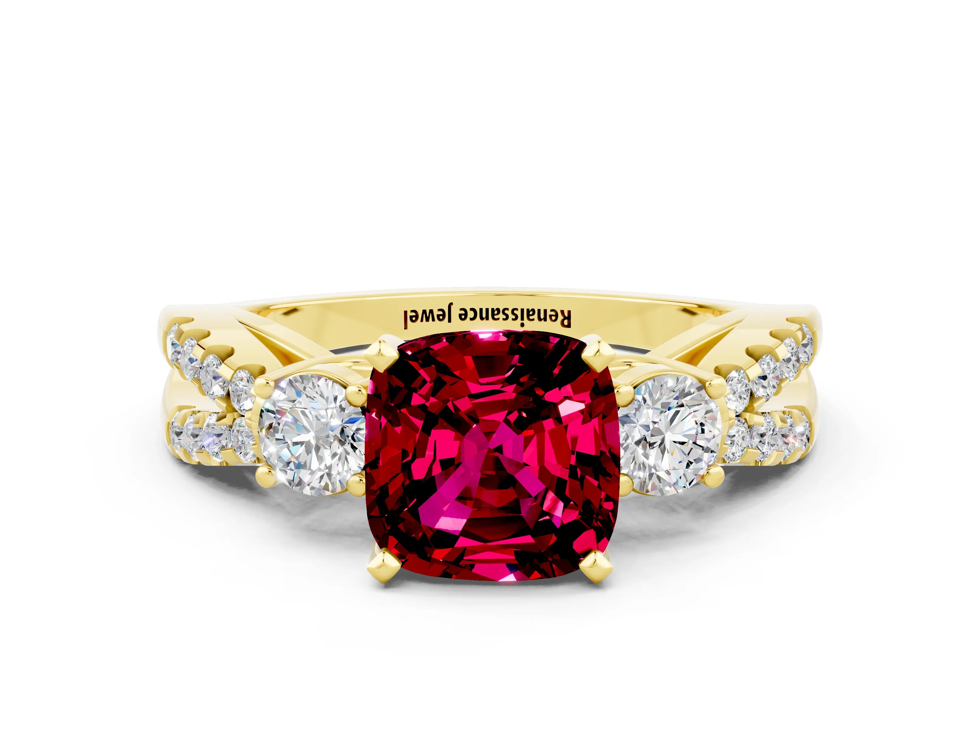 Yellow gold Cushion Cut Garnet Three-Stone Ring with Pavé Split Shank and Four-Prong Setting_12