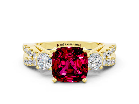 Yellow gold Cushion Cut Garnet Three-Stone Ring with Pavé Split Shank and Four-Prong Setting_12