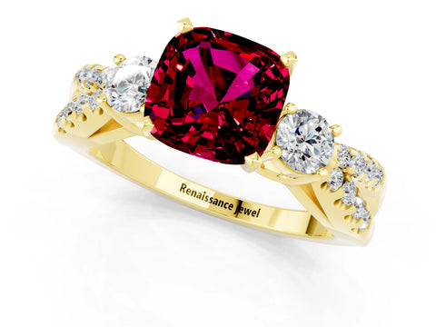 Yellow gold Cushion Cut Garnet Three-Stone Ring with Pavé Split Shank and Four-Prong Setting_13