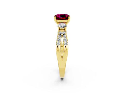 Yellow gold Cushion Cut Garnet Three-Stone Ring with Pavé Split Shank and Four-Prong Setting_14