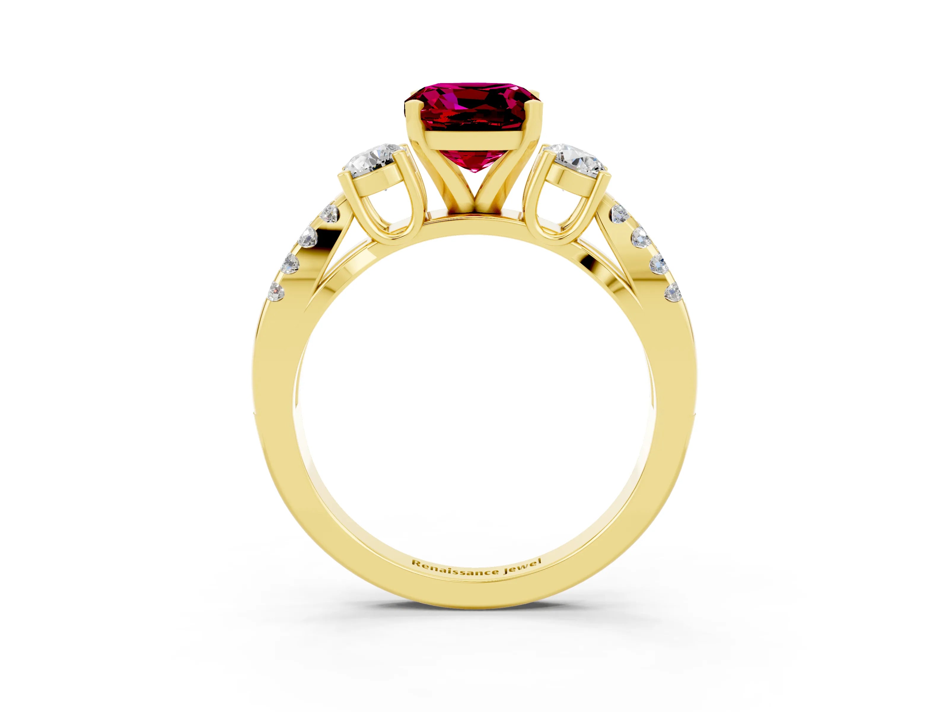 Yellow gold Cushion Cut Garnet Three-Stone Ring with Pavé Split Shank and Four-Prong Setting_15