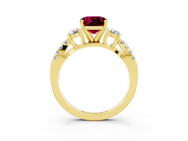 Yellow gold Cushion Cut Garnet Three-Stone Ring with Pavé Split Shank and Four-Prong Setting
