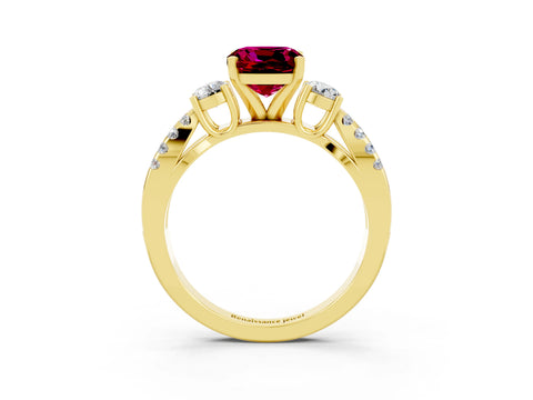 Yellow gold Cushion Cut Garnet Three-Stone Ring with Pavé Split Shank and Four-Prong Setting_15