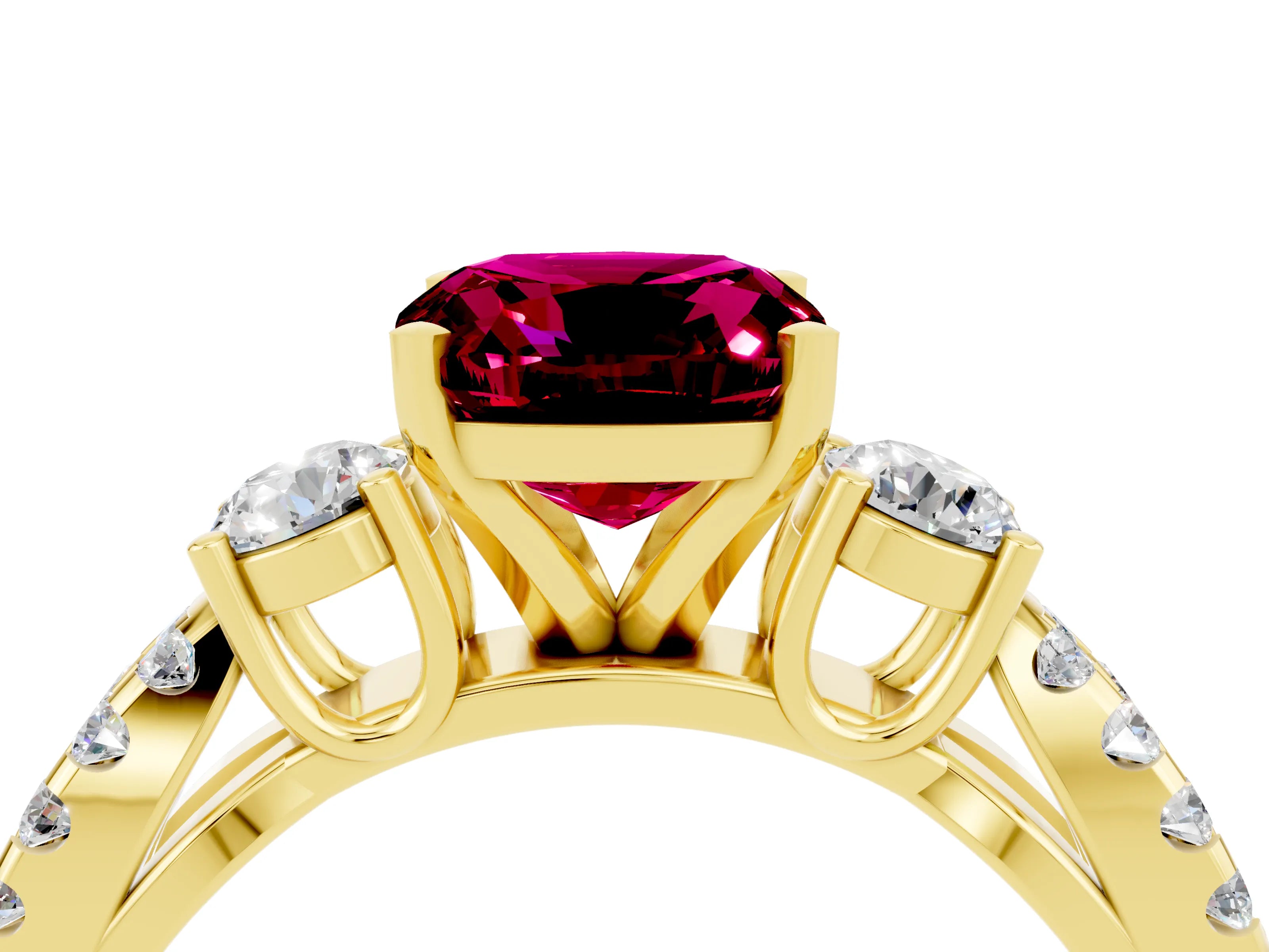 Yellow gold Cushion Cut Garnet Three-Stone Ring with Pavé Split Shank and Four-Prong Setting_16