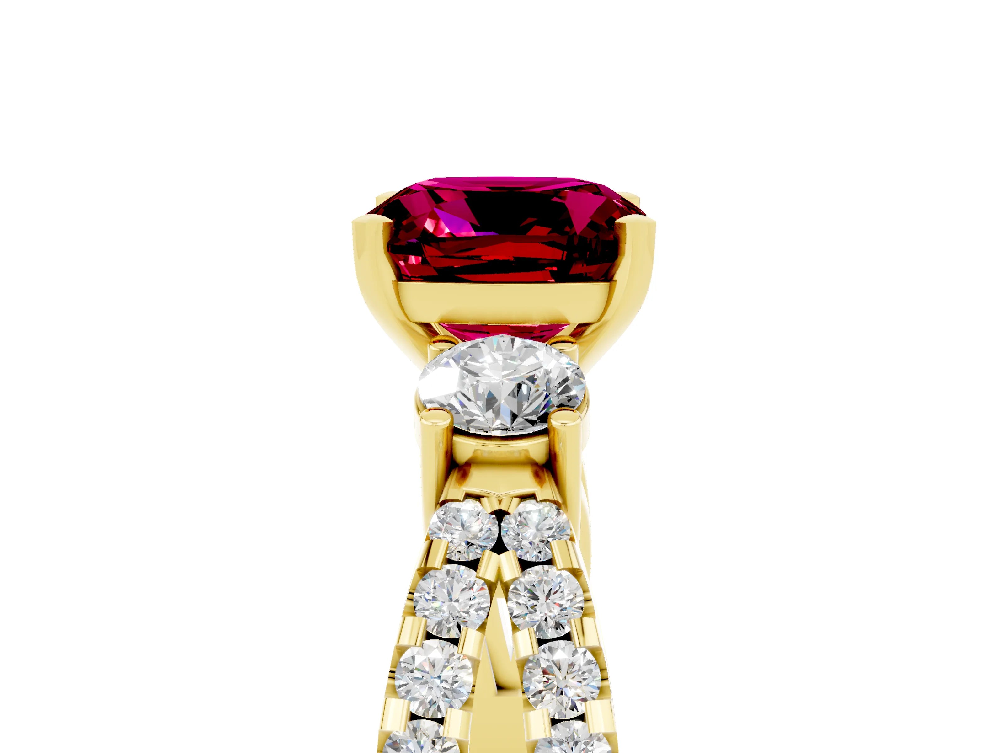 Yellow gold Cushion Cut Garnet Three-Stone Ring with Pavé Split Shank and Four-Prong Setting_17