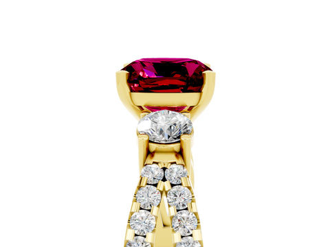 Yellow gold Cushion Cut Garnet Three-Stone Ring with Pavé Split Shank and Four-Prong Setting_17