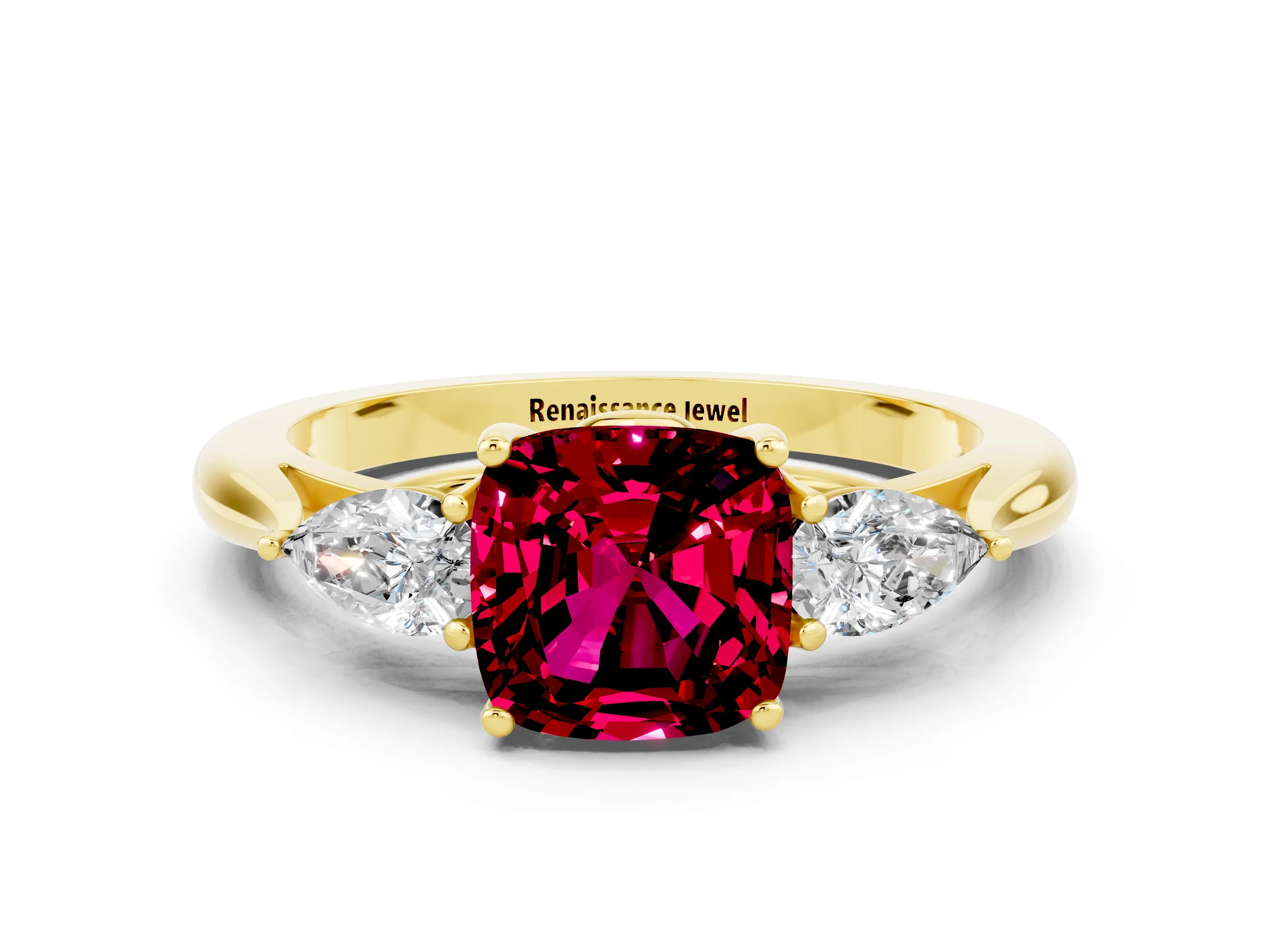 Yellow gold Cushion Cut Garnet Three-Stone Ring with Pear Side Stones and Four-Prong Setting_12