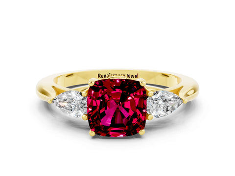 Yellow gold Cushion Cut Garnet Three-Stone Ring with Pear Side Stones and Four-Prong Setting_12