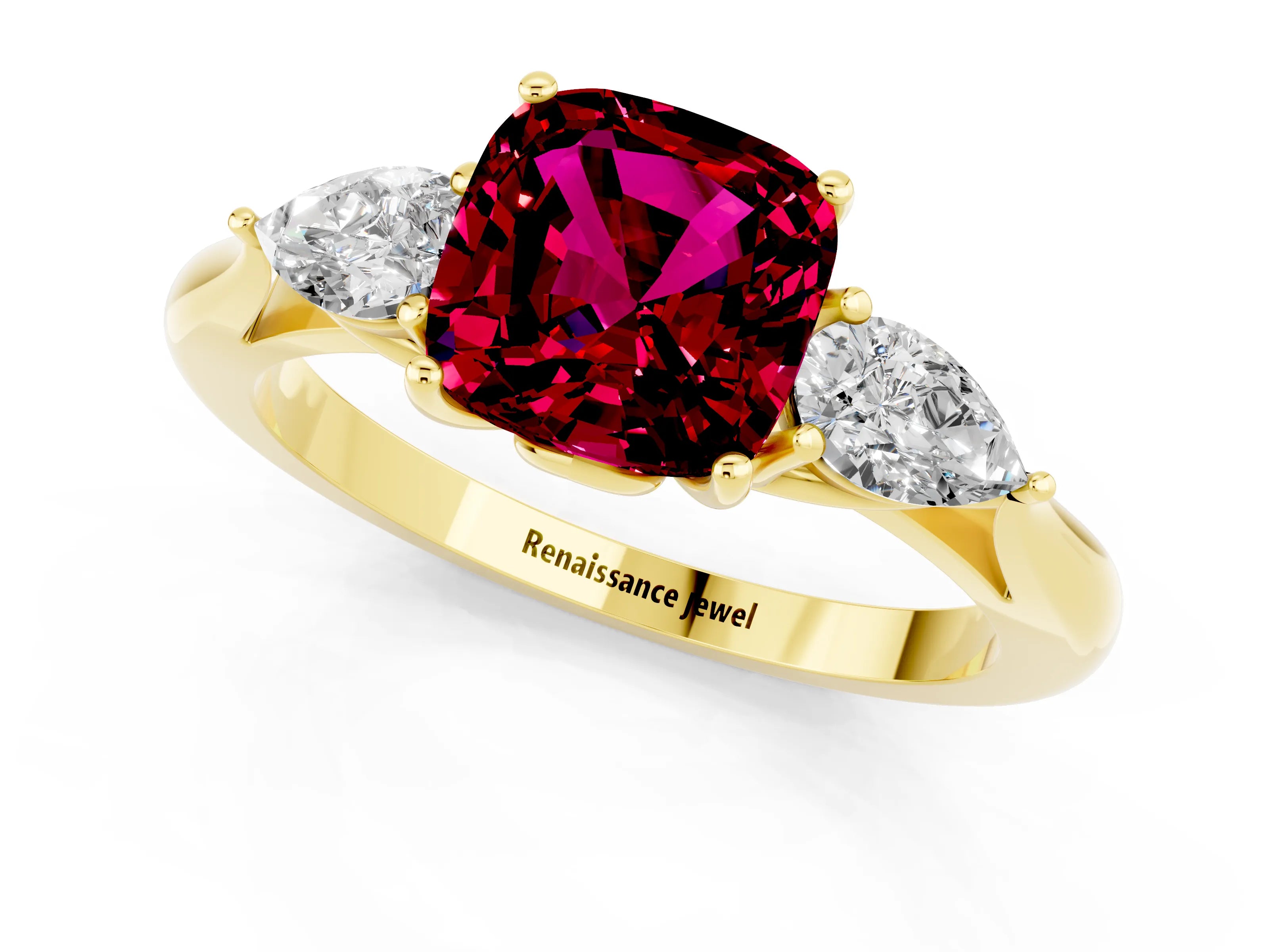 Yellow gold Cushion Cut Garnet Three-Stone Ring with Pear Side Stones and Four-Prong Setting_13
