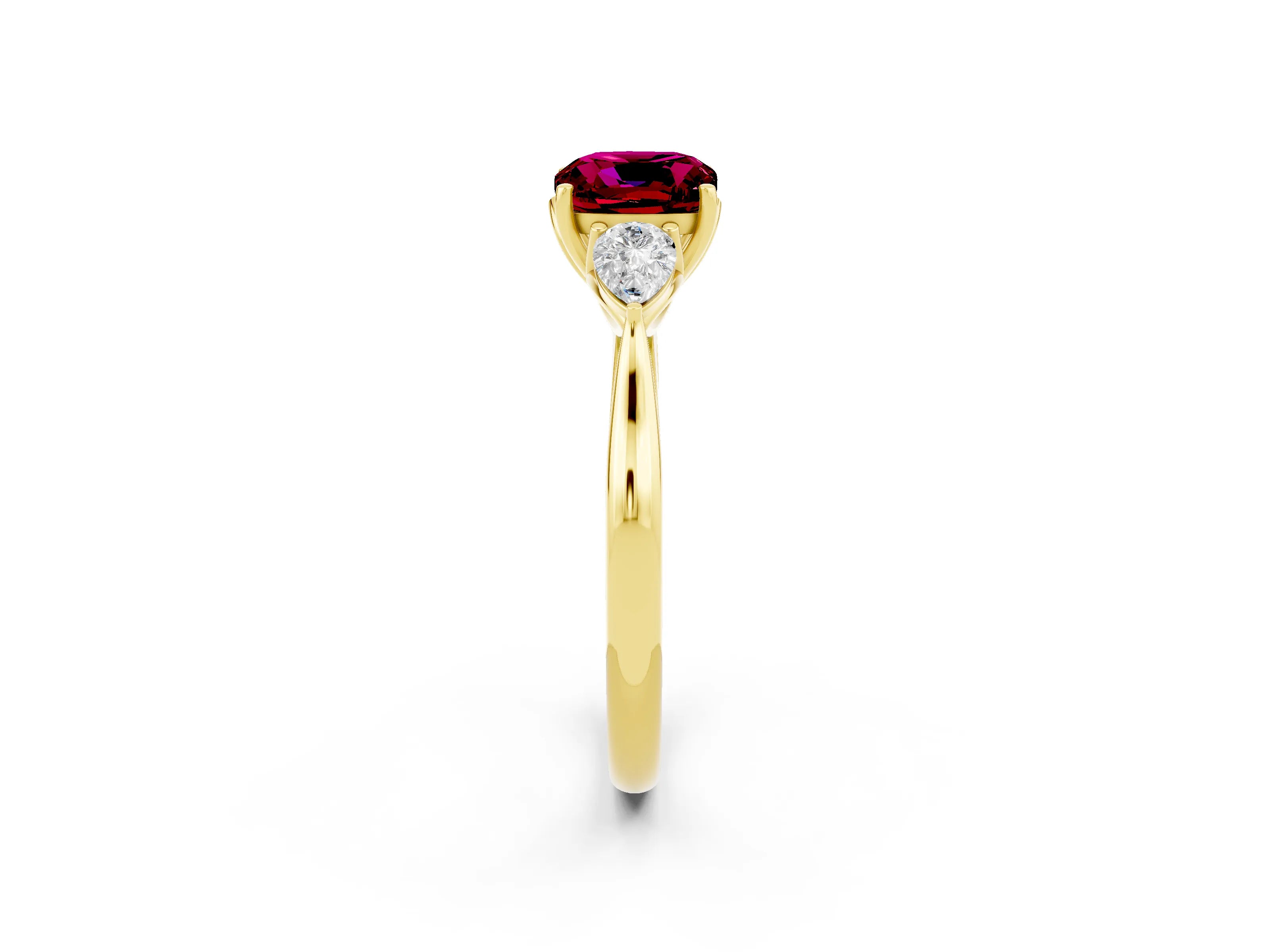 Yellow gold Cushion Cut Garnet Three-Stone Ring with Pear Side Stones and Four-Prong Setting_14