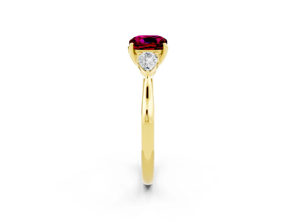 Yellow gold Cushion Cut Garnet Three-Stone Ring with Pear  Side Stones and Prong Setting