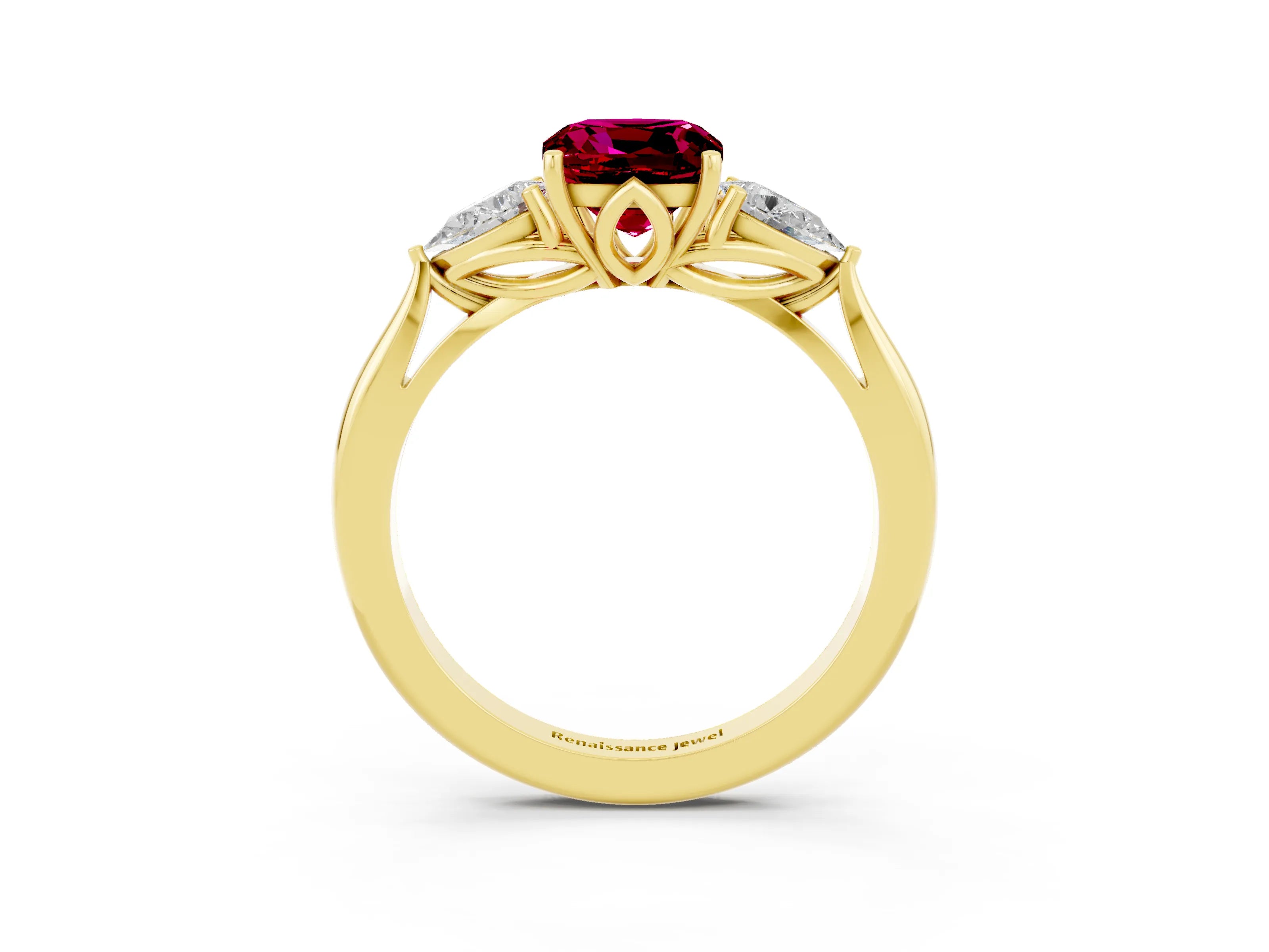 Yellow gold Cushion Cut Garnet Three-Stone Ring with Pear Side Stones and Four-Prong Setting_15