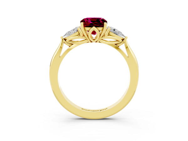 Yellow gold Cushion Cut Garnet Three-Stone Ring with Pear  Side Stones and Prong Setting