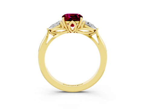 Yellow gold Cushion Cut Garnet Three-Stone Ring with Pear Side Stones and Four-Prong Setting_15