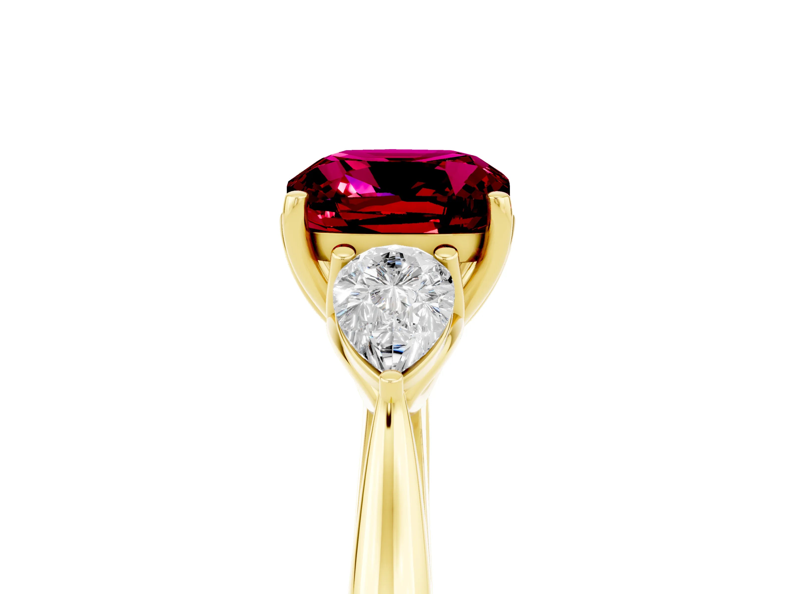Yellow gold Cushion Cut Garnet Three-Stone Ring with Pear Side Stones and Four-Prong Setting_17