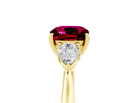 Yellow gold Cushion Cut Garnet Three-Stone Ring with Pear Side Stones and Four-Prong Setting_17