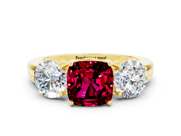 Yellow gold Cushion Cut Garnet Three-Stone Ring with Prong Setting and Classic Band