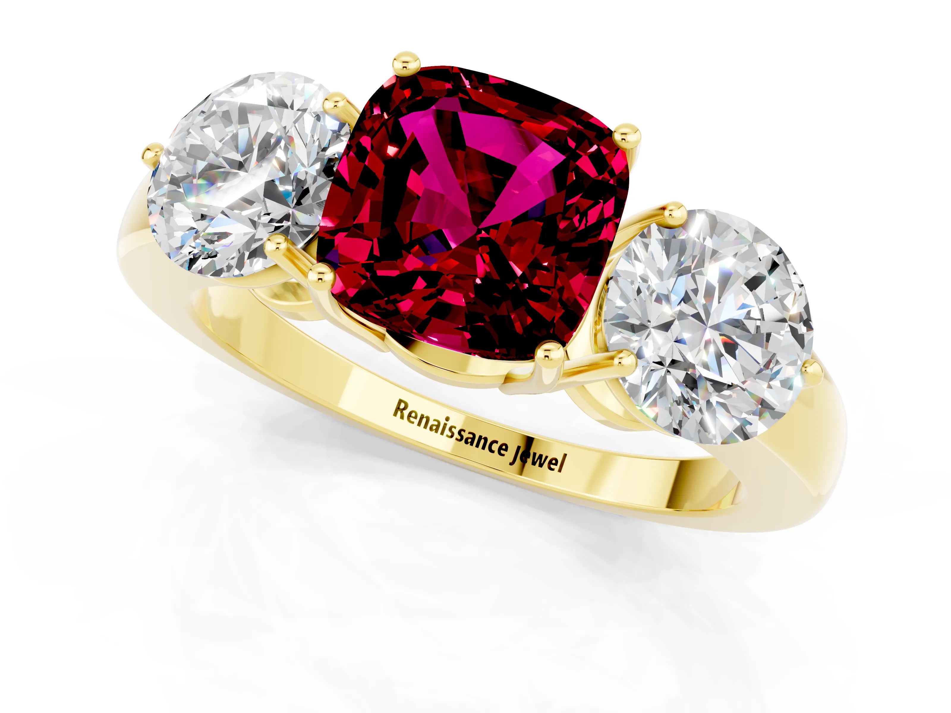 Yellow gold Cushion Cut Garnet Three-Stone Ring with Prong Setting and Classic Band_1